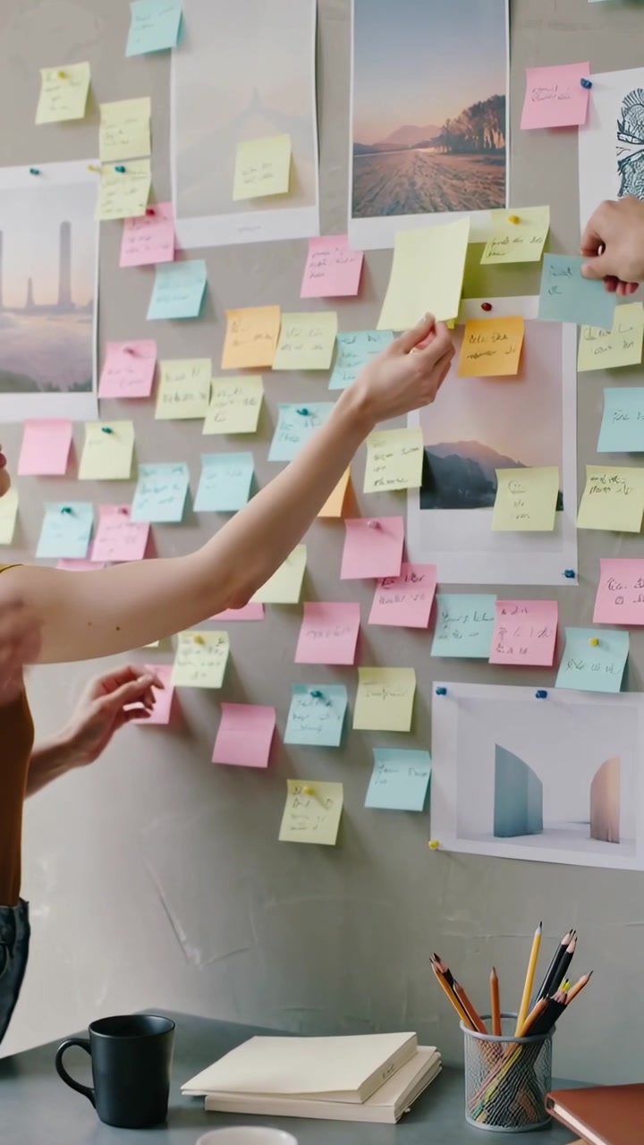 Vídeo vertical: Reunião começando, equipe organizando post-its em um quadro em torno de impressões fixadas, organizando
