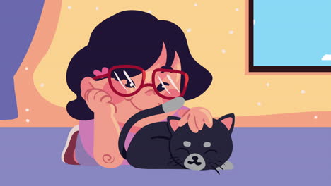 girl with little cat mascot animation