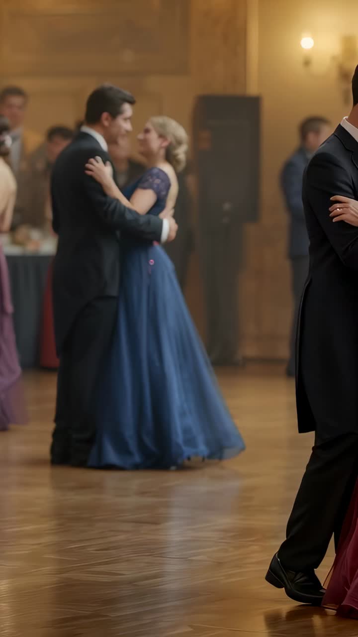 Vertical video: Cam zooming, tux gown pair kissing in love on parquet floor, ring shown, copy space