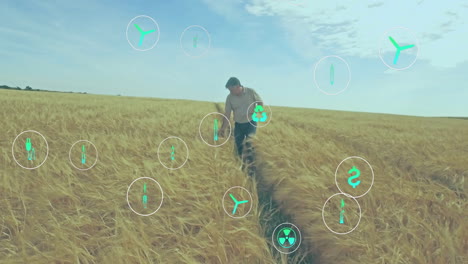 energía sostenible y iconos ambientales animación sobre el agricultor caminando a través del campo de trigo