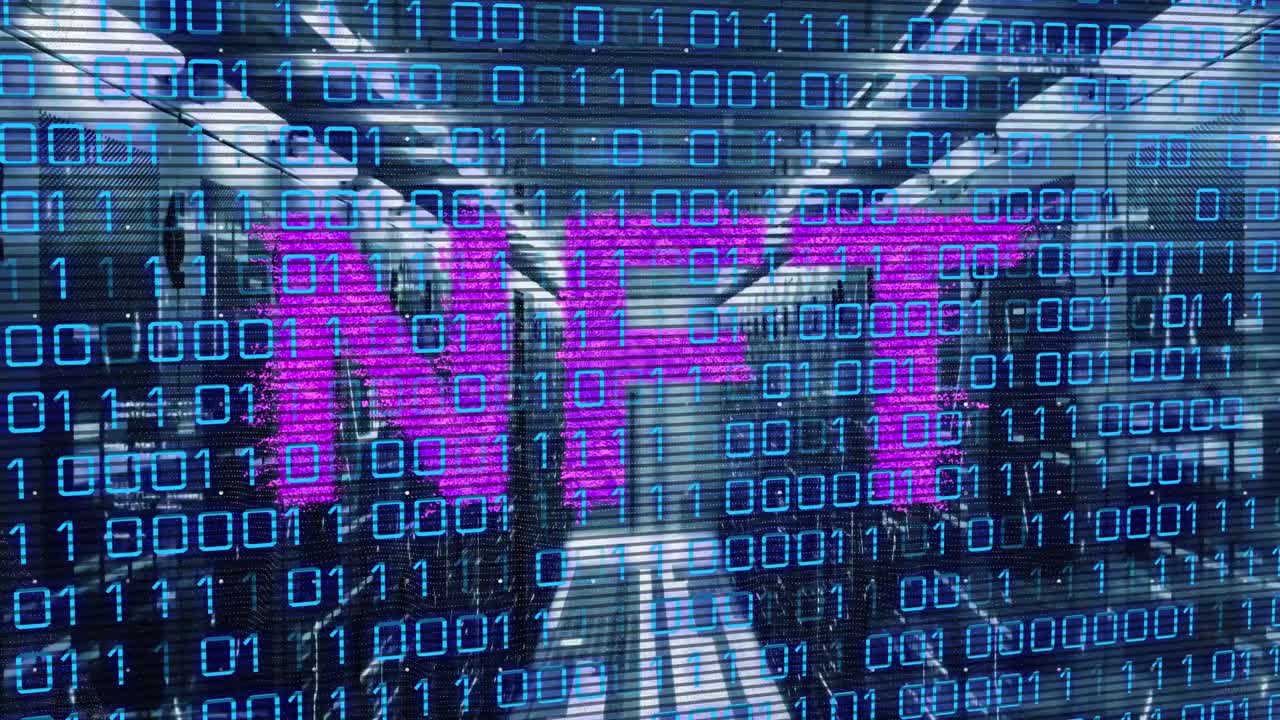 animación del procesamiento de datos y texto nft sobre la sala del servidor