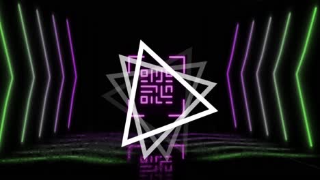 animation of glowing qr code over neon geometric shapes