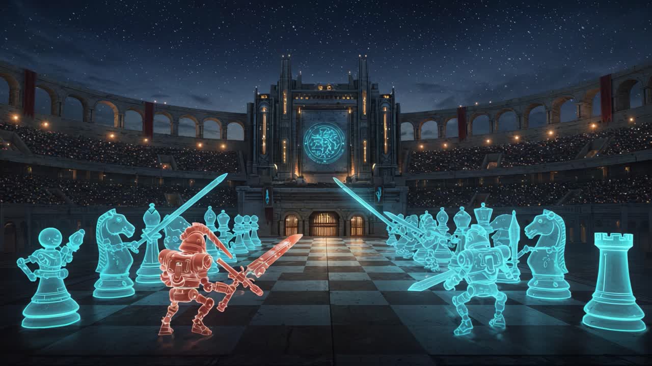 An Epic Battle Between Glowing Chess Figures and Warriors in a Spectacular Arena Under a Starry Sky, Showcasing Strategy and Skill in a Unique Game of Chess