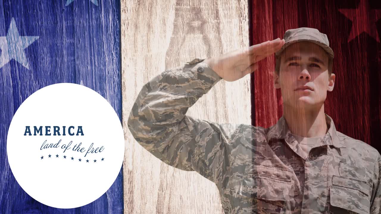 animación de américa tierra del texto libre con soldado masculino saludando sobre la bandera estadounidense