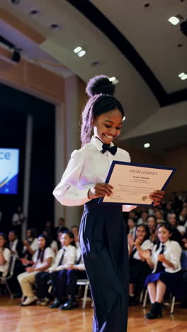 girl receiving award at school ceremony