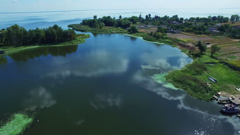 aerial view blue lake water on skyline. countryside landscape from above