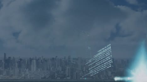 animation of multiple graphs with lens flare and aerial view of cityscape against cloudy sky