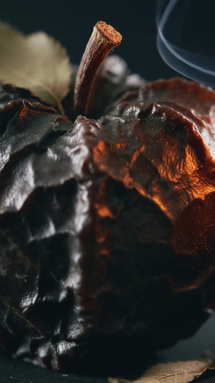 Vertical video: Growing offcam rim light showing charred apple stem, leaf on dark dish for texture