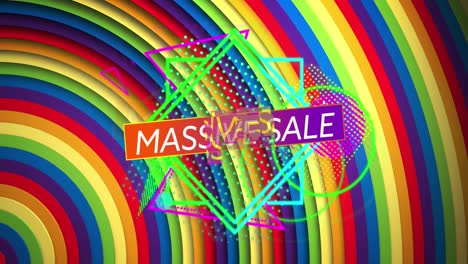 Animation-of-massive-sale-text-and-abstract-shapes-over-rainbow-coloured-radial-stripes