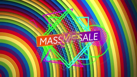 animación de texto de venta masivo y formas abstractas sobre rayas radiales de colores del arco iris