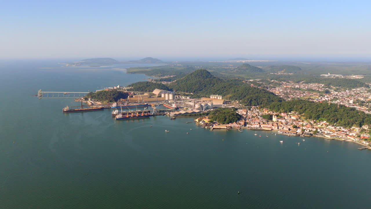 Aerial view of São Francisco do Sul historic center with prominent maritime port and Babitonga Bay in Santa Catarina