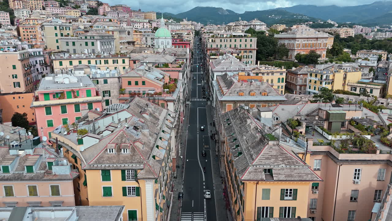 Aerial over Via Assarotti near Piazza Corvetto in Genoa, historic architecture