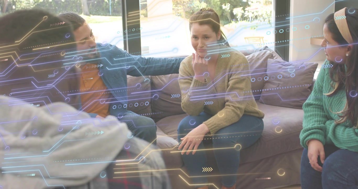 Man placing hand on worried woman sparking relief in health talk with circuit graphics scrolling
