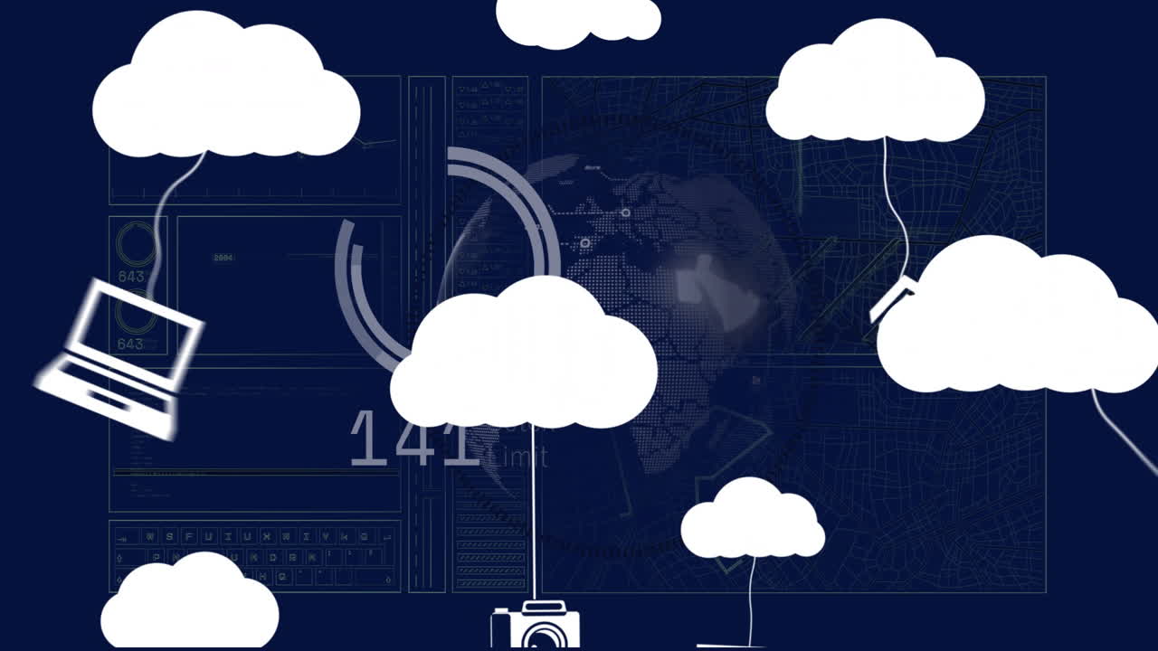 Cloud computing and data analytics animation over digital world map background