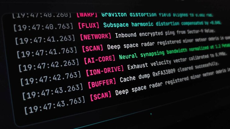 Futuristisk sci-fi computerterminal, der viser systemlogfiler