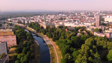 ostrava new city hall aerial shot reveal city beside ostravice river on moravia-silesia border, czech republic