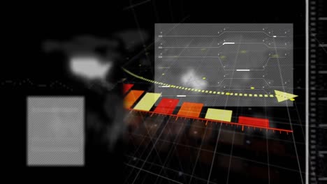 animación del mapa del mundo y procesamiento de datos financieros en fondo negro.