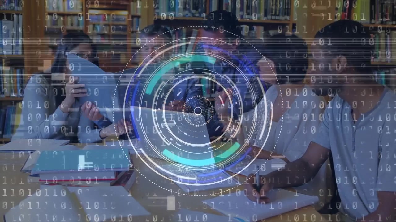 Diverse Students Collaborating on Research Project in Library with Digital Data Overlay