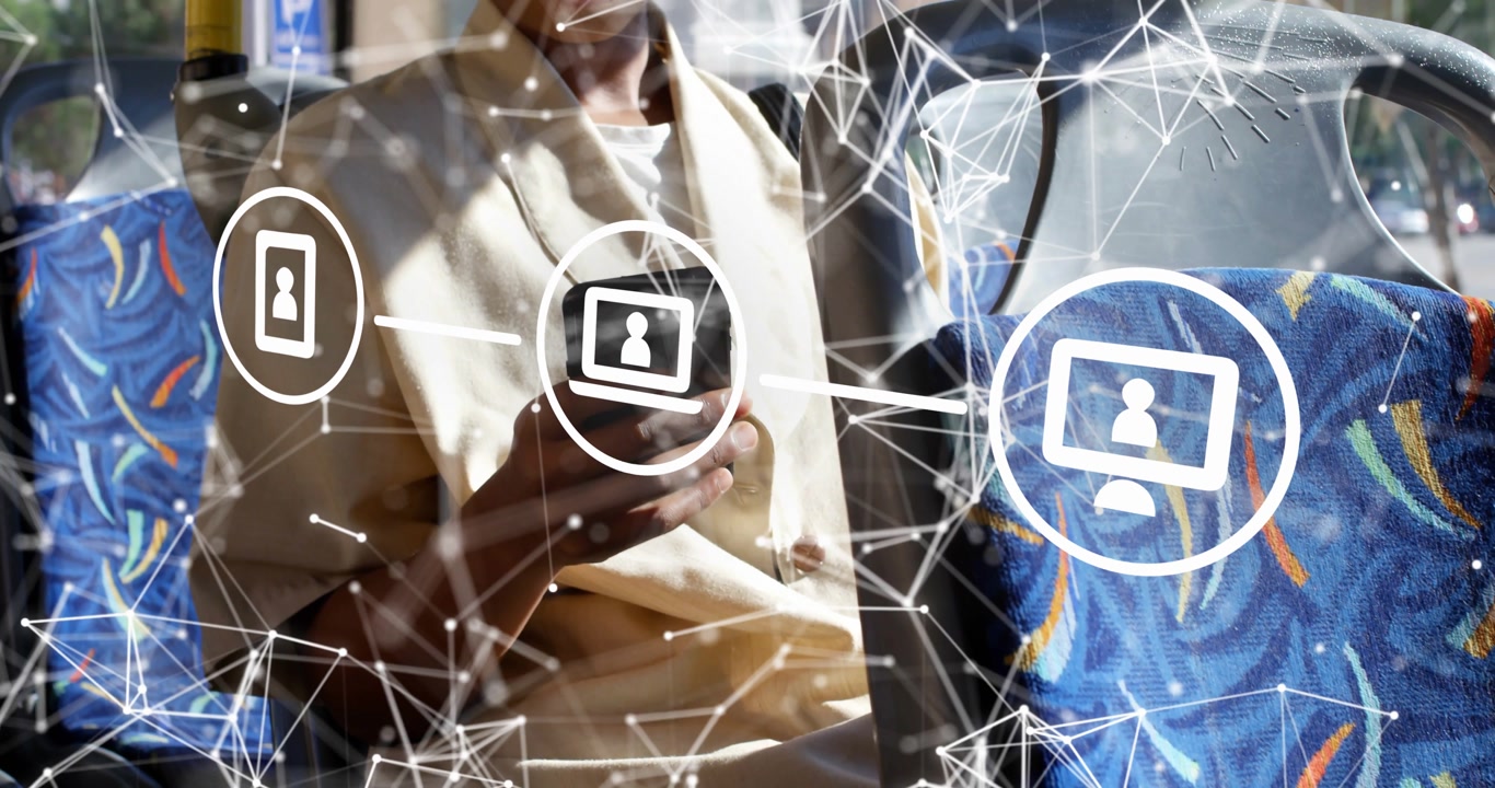Woman tapping smartphone on bus, frame widening, network mesh aligning icons, connecting to tech