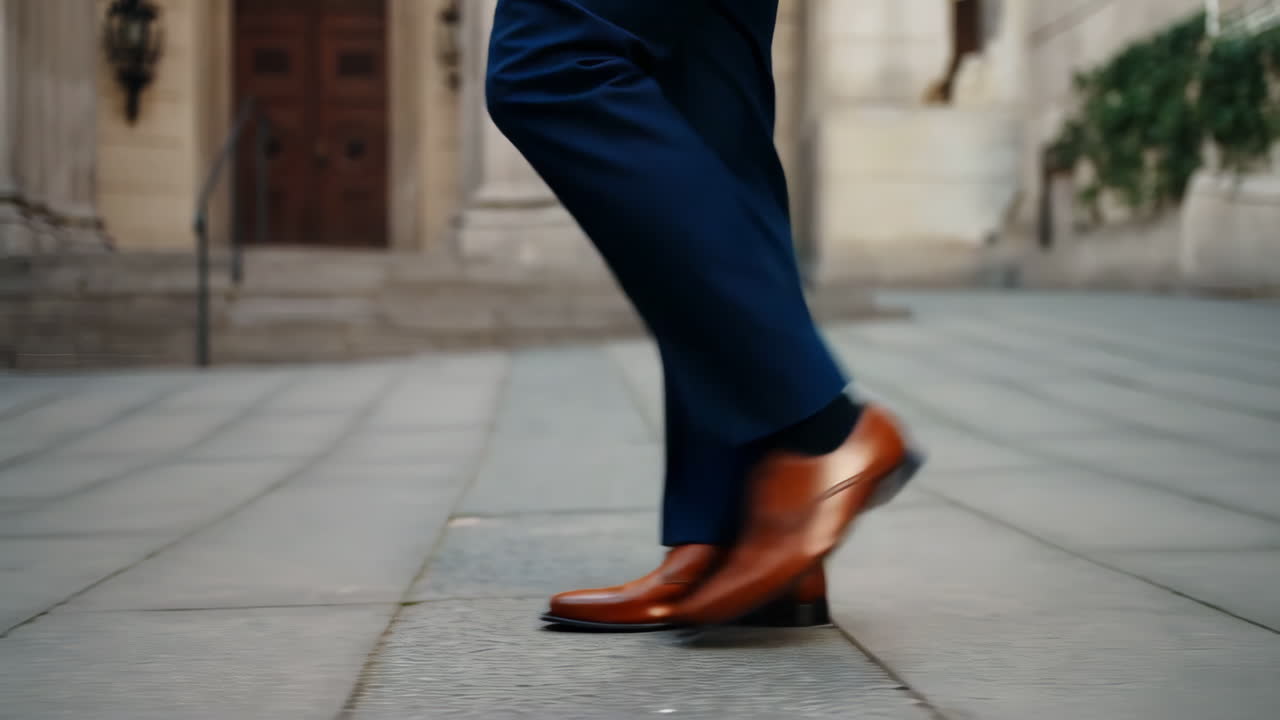 Close-up of a man's feet walking in brown dress shoes