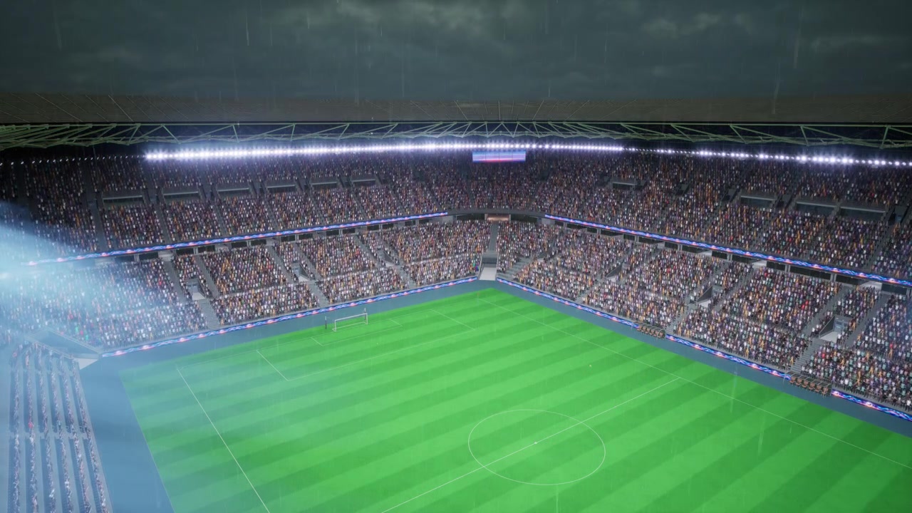Animazione timelapse di tifosi di calcio che supportano la squadra nazionale durante una notte piovosa