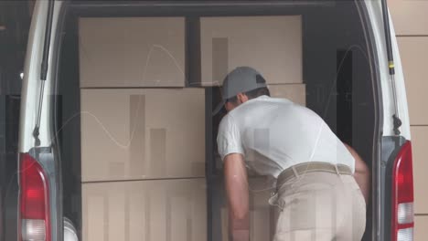 Animation of data processing over man packing boxes into car