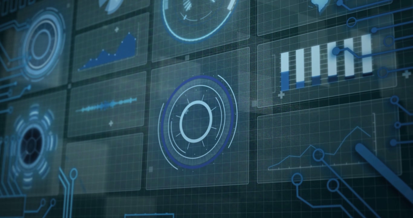 Camera framing central HUD pulsing and rotating rings while charts, blue streaks updating for tech