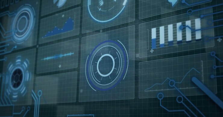 Camera framing central HUD pulsing and rotating rings while charts, blue streaks updating for tech