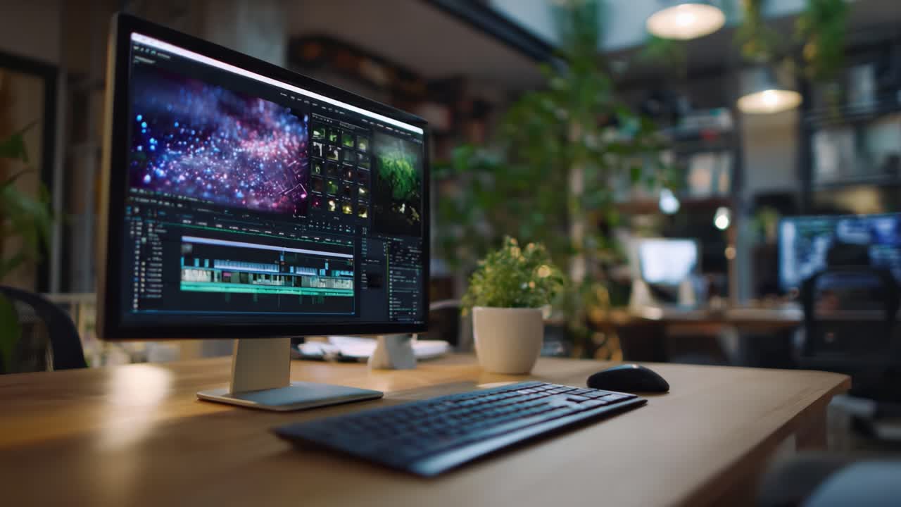 A Modern Workspace Featuring Advanced Editing Software on a Computer Screen with Lush Greenery and a Productive Atmosphere for Creative Professionals