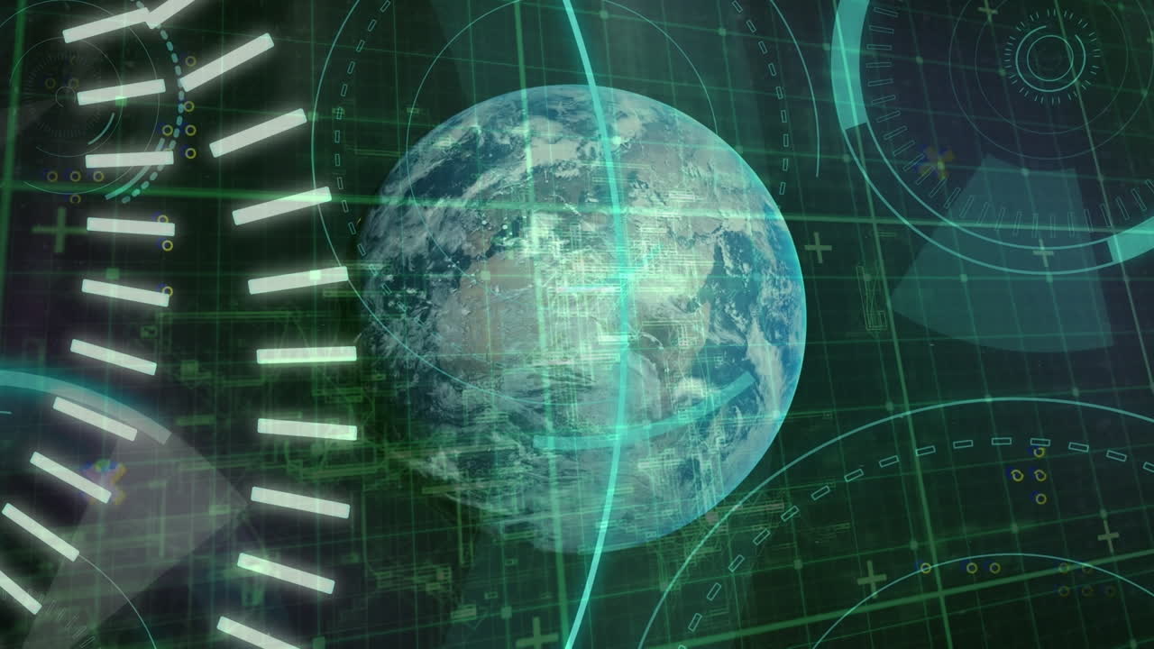 Animation of data processing and globe over blue background