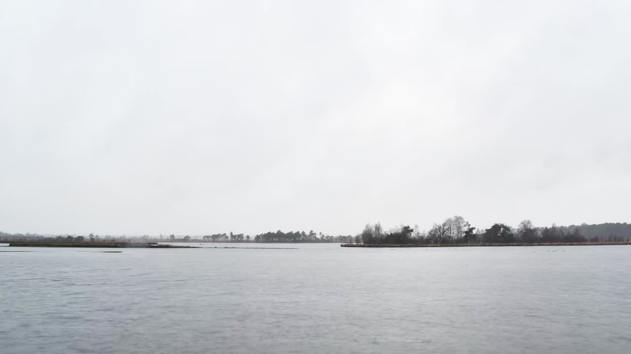 Mistige en nevelige vijver in heidegebied op regenachtige dag