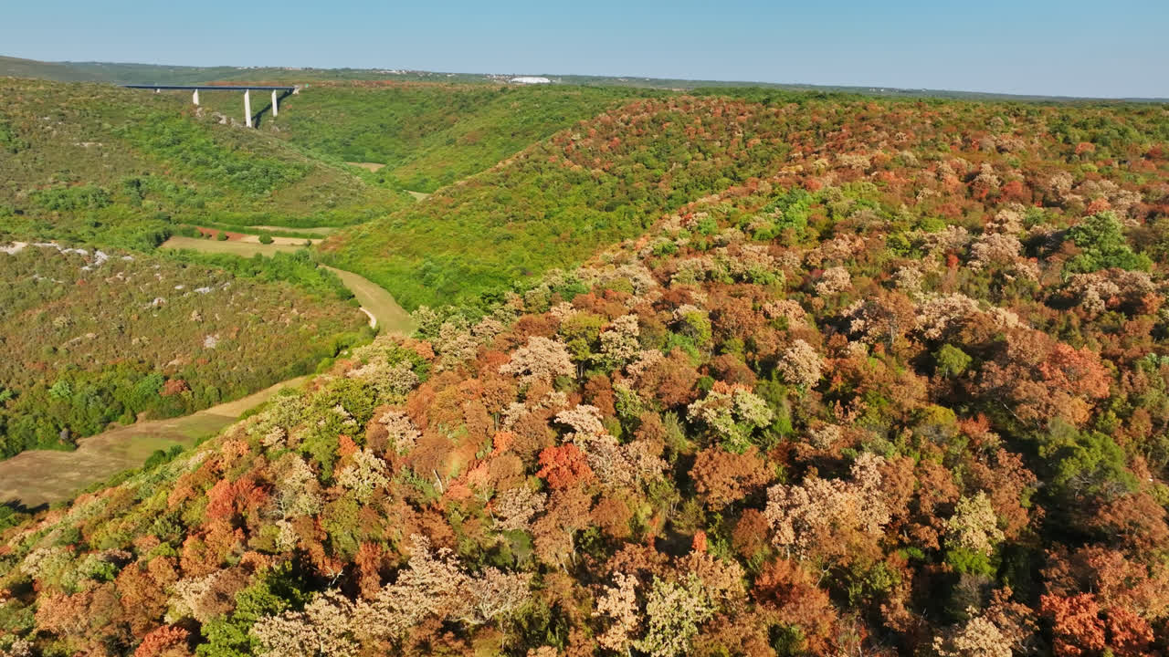 Aerial View of Lush Autumn Hills with a Distant Bridge