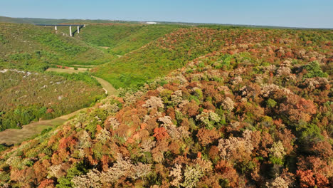 aerial view of lush autumn hills with a distant bridge