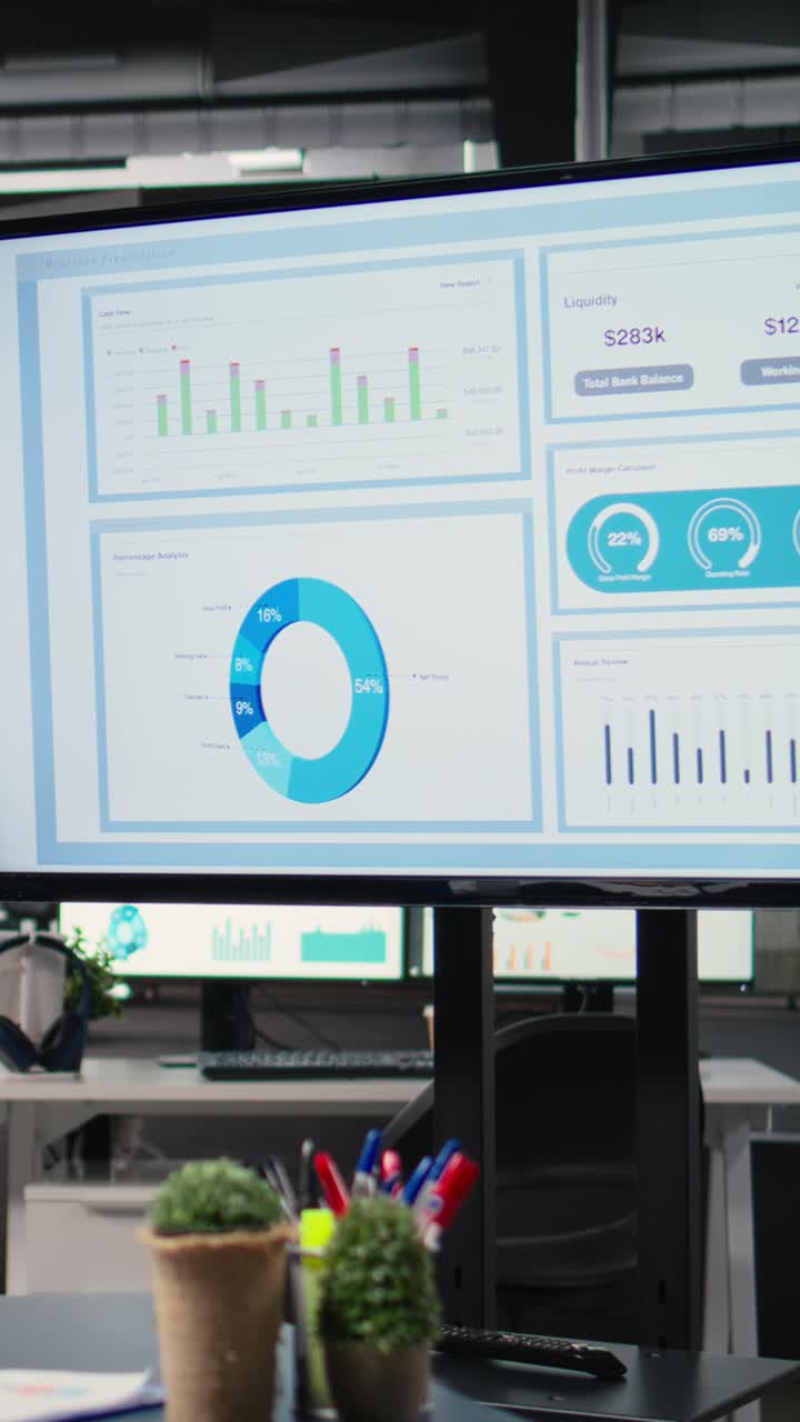 Vertical Video Empty office desk with a TV monitor running performance reports