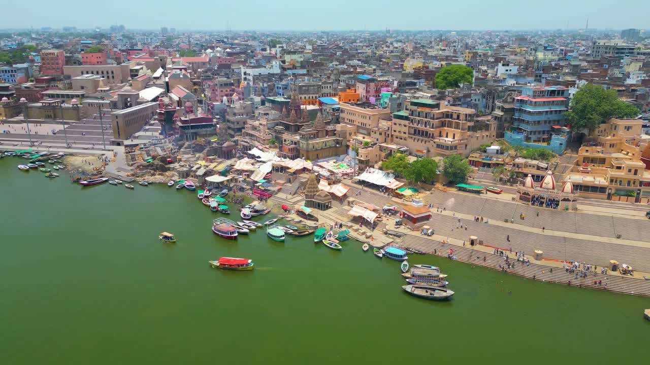 AERIAL view of Ganga river and Ghats in Varanasi India