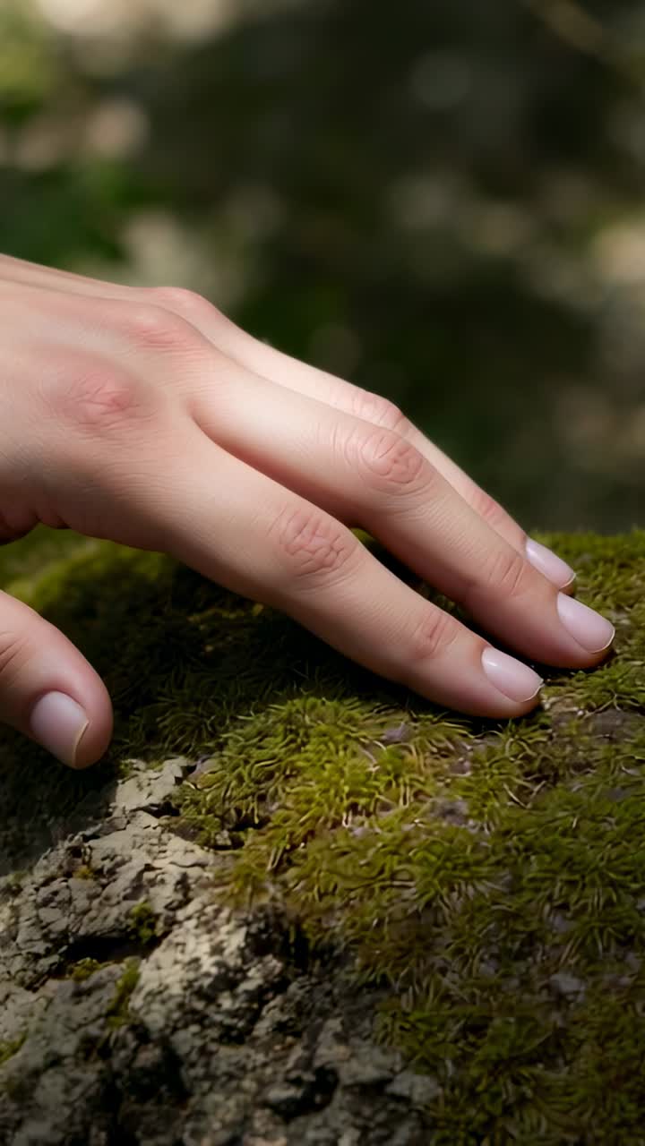 Vertical video: Entering human hand touching forest moss-covered rock, feeling texture, copy space