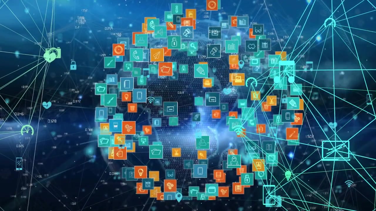 Spherical cluster rotating while neon-green hub pulsing and pulling tiles, syncing data to network