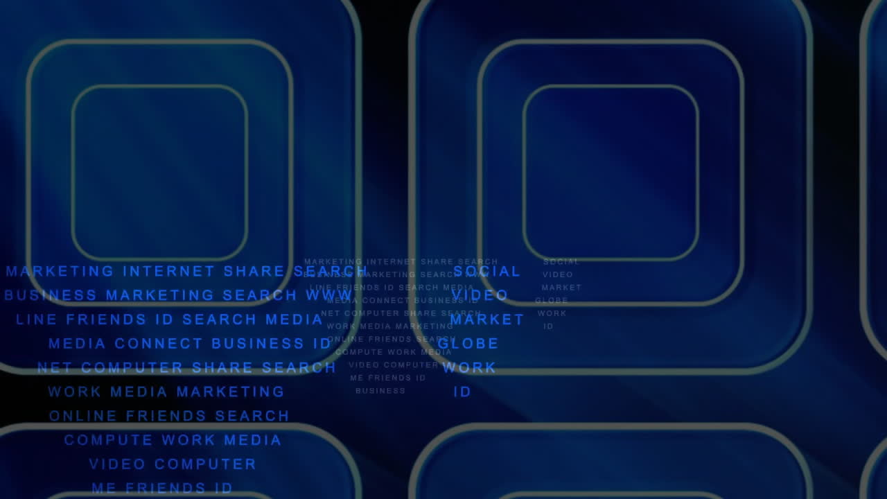 Digital marketing and social media terms animation over blue geometric shapes