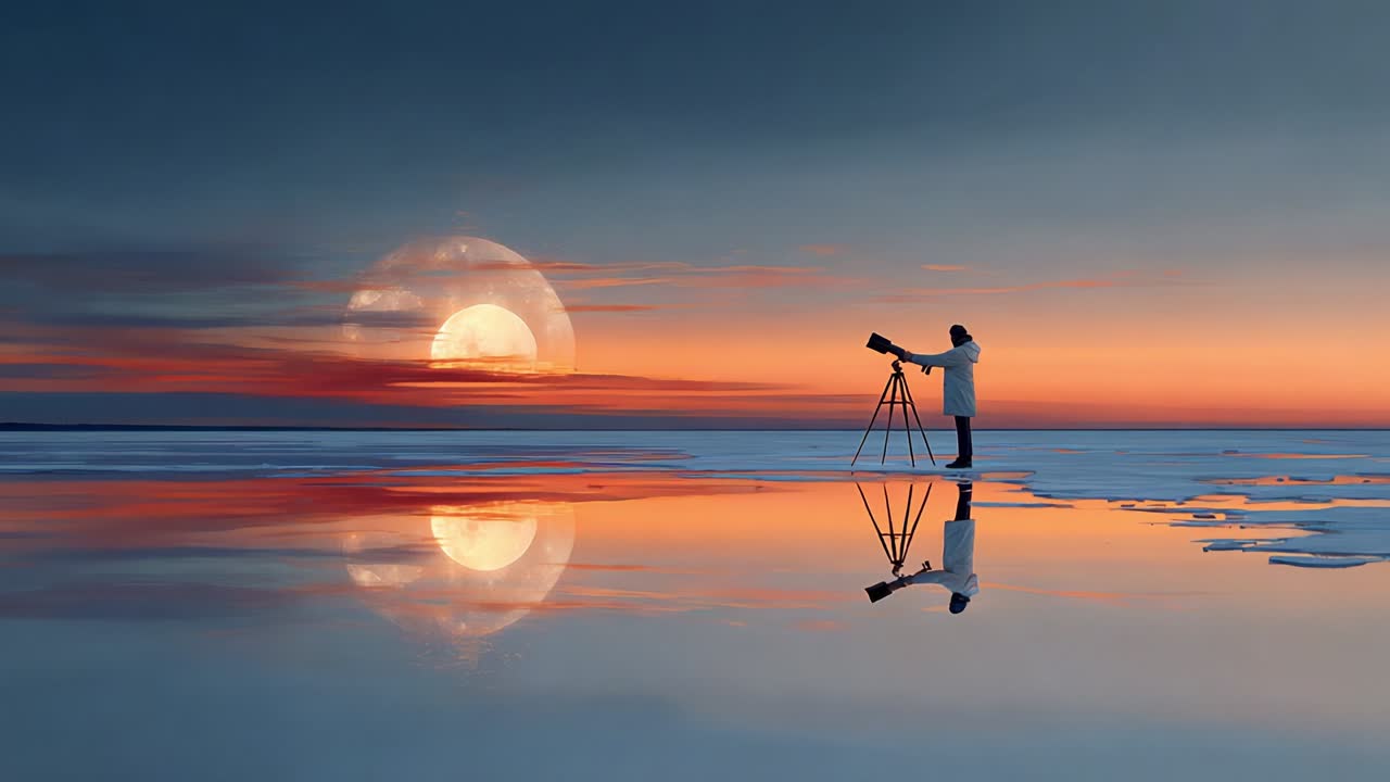 Stargazer Observing Celestial Phenomena: A Scenic Reflection at Dusk with Telescope Amidst Icy Surface and Majestic Sunset Over the Horizon, Capturing the Essence of Astronomy in Nature's Embrace