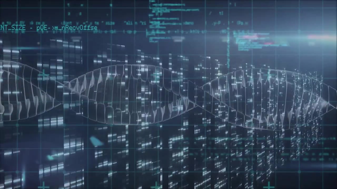 On startup code clusters converging into ladder then forming rotating helix representing data flow