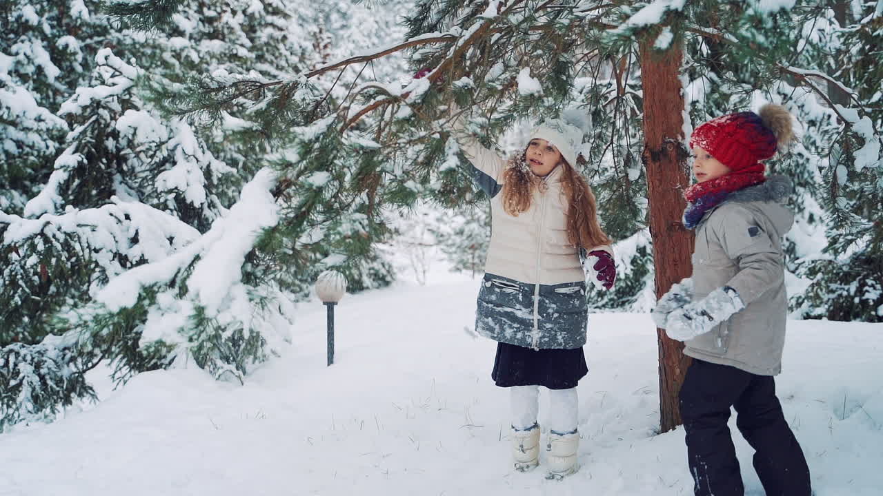 Happy children playing in the winter park. Christmas Holidays. Slow motion.