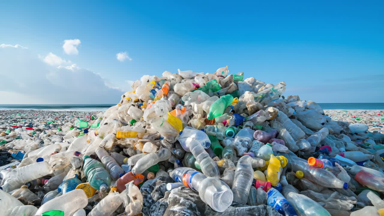 Plastic waste and garbage scattered across pristine shoreline, destructively polluting marine environment under bright blue sky with devastating ecological consequences