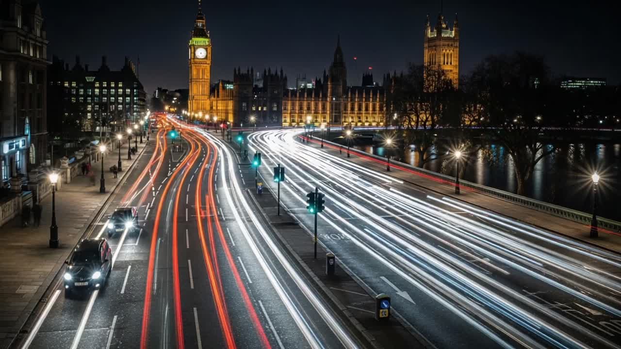 A Serene Nighttime View of Iconic Government Buildings Bathed in Illuminating Lights and Traffic Flowing Along a Major Roadway
