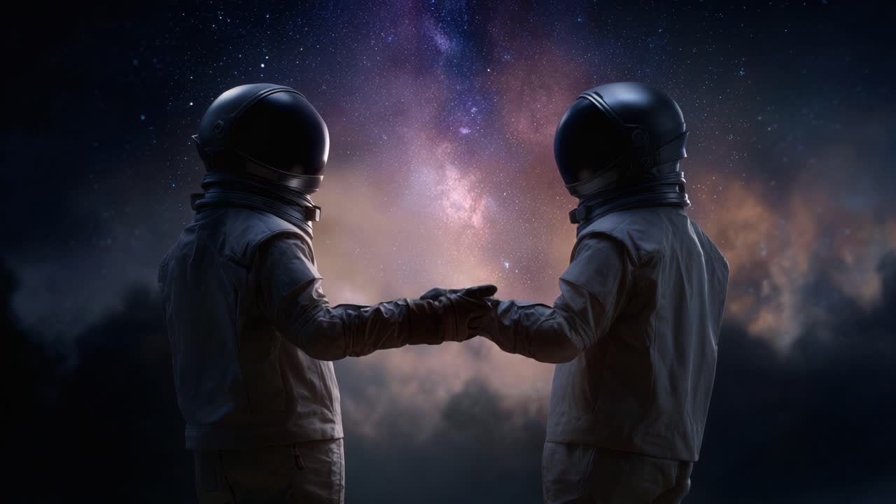 To Astronauter Holder Hænder Under en Kosmisk Himmel, Symboliserende Enhed og Udforskning Midt i Rummets Uendelighed og Universets Skønhed