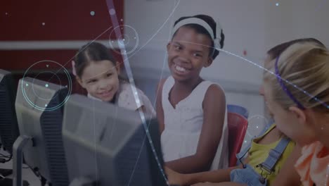 round scanners and network of connections against diverse female students using computer at school