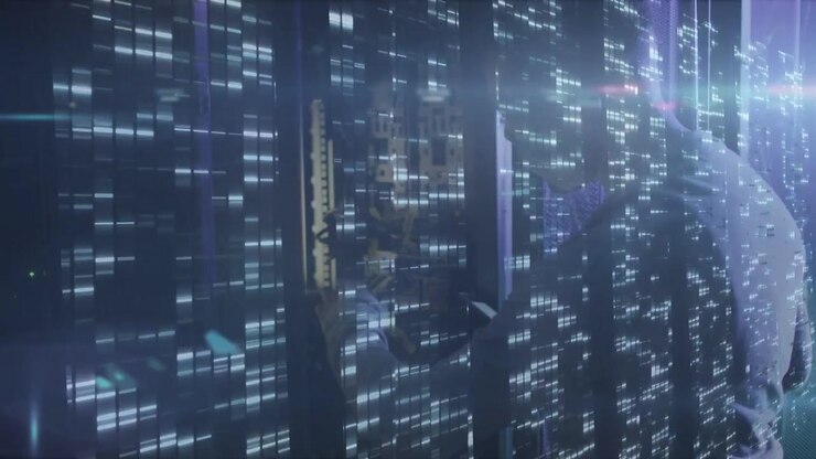 Male technician walking server room aisle as scrolling lights reveal silhouette, inspecting panels