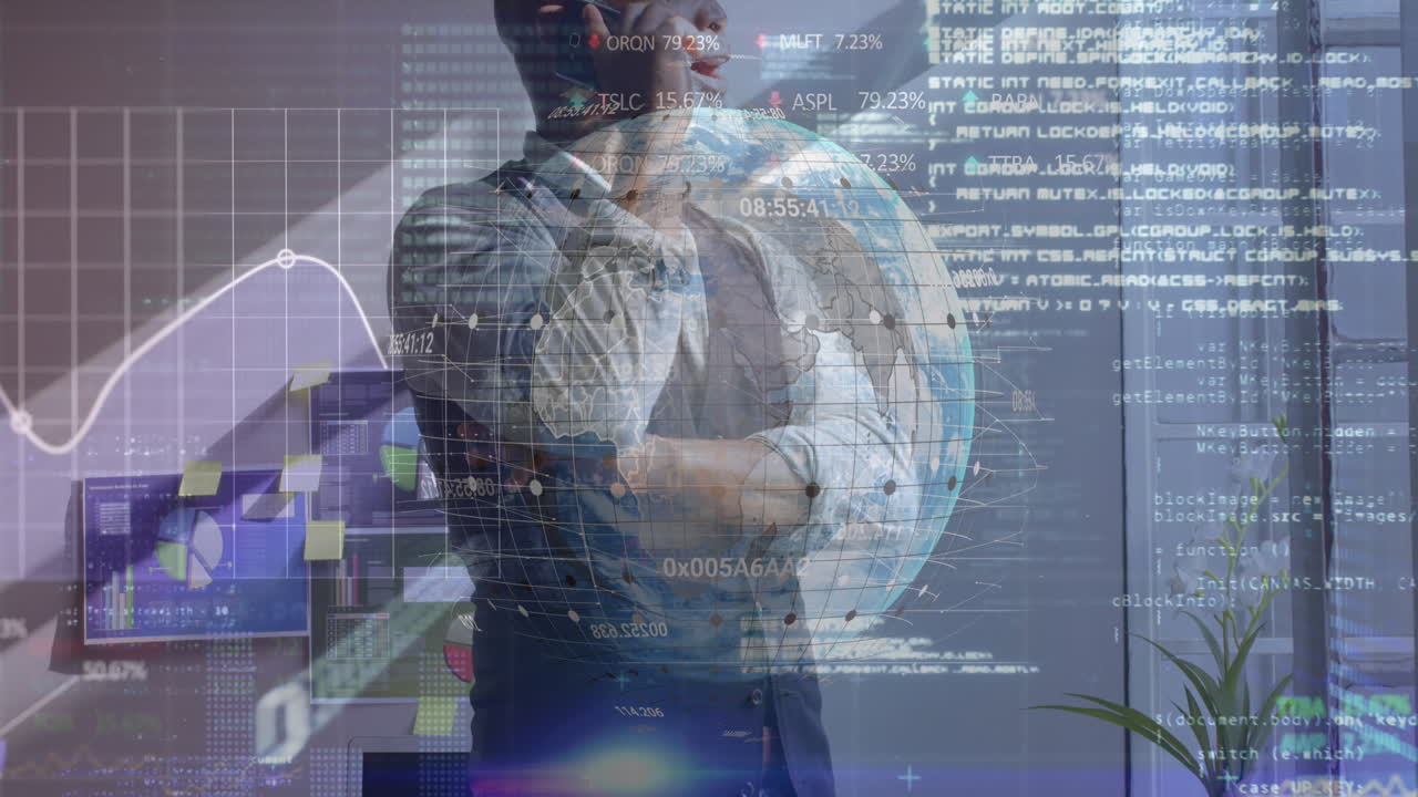 animación del procesamiento de datos sobre un hombre de negocios afroamericano que usa un teléfono inteligente