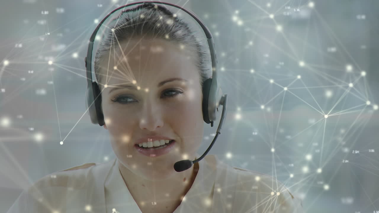 Animation of networks of connections over businesswoman wearing phone headset