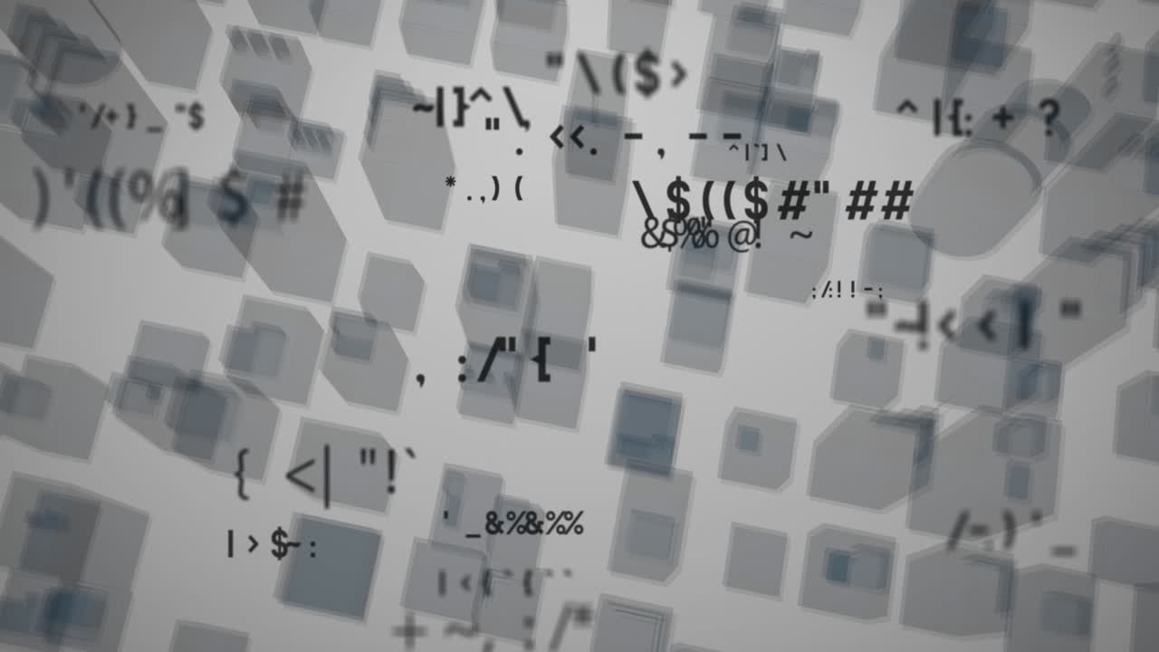 디지털 애니메이션은 아이콘과 데이터 처리로 글로벌 네트워크 기술을 보여줍니다.