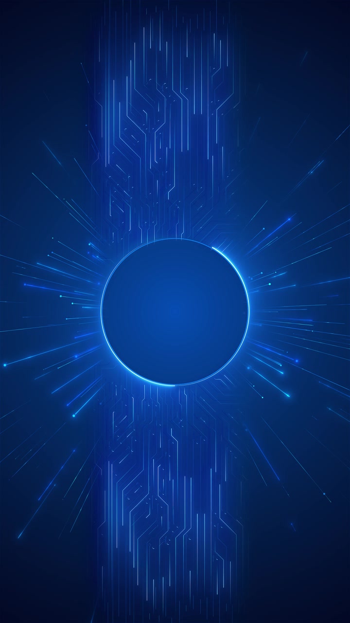 Blue circular circuit burst background glowing central ring radiating lines futuristic electronic
